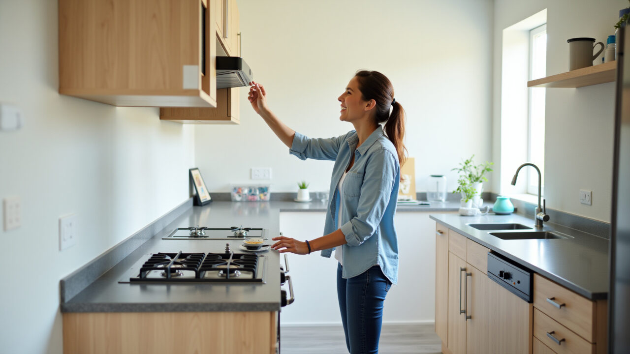 Mulher inspecionando armários de cozinha recém-instalados.