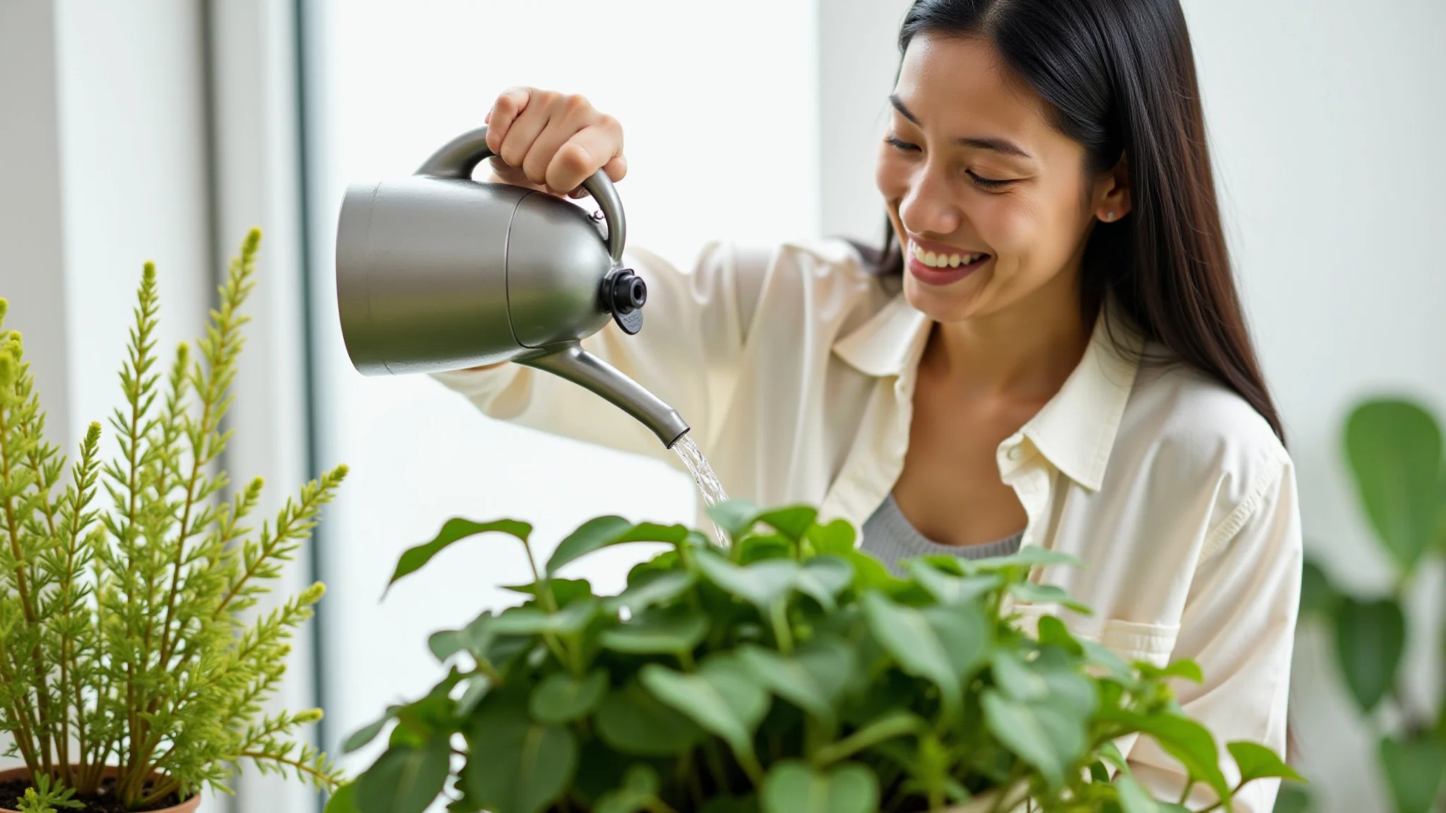 Mulher regando plantas saudáveis, com uma pequena planta com folhas amareladas ao lado.