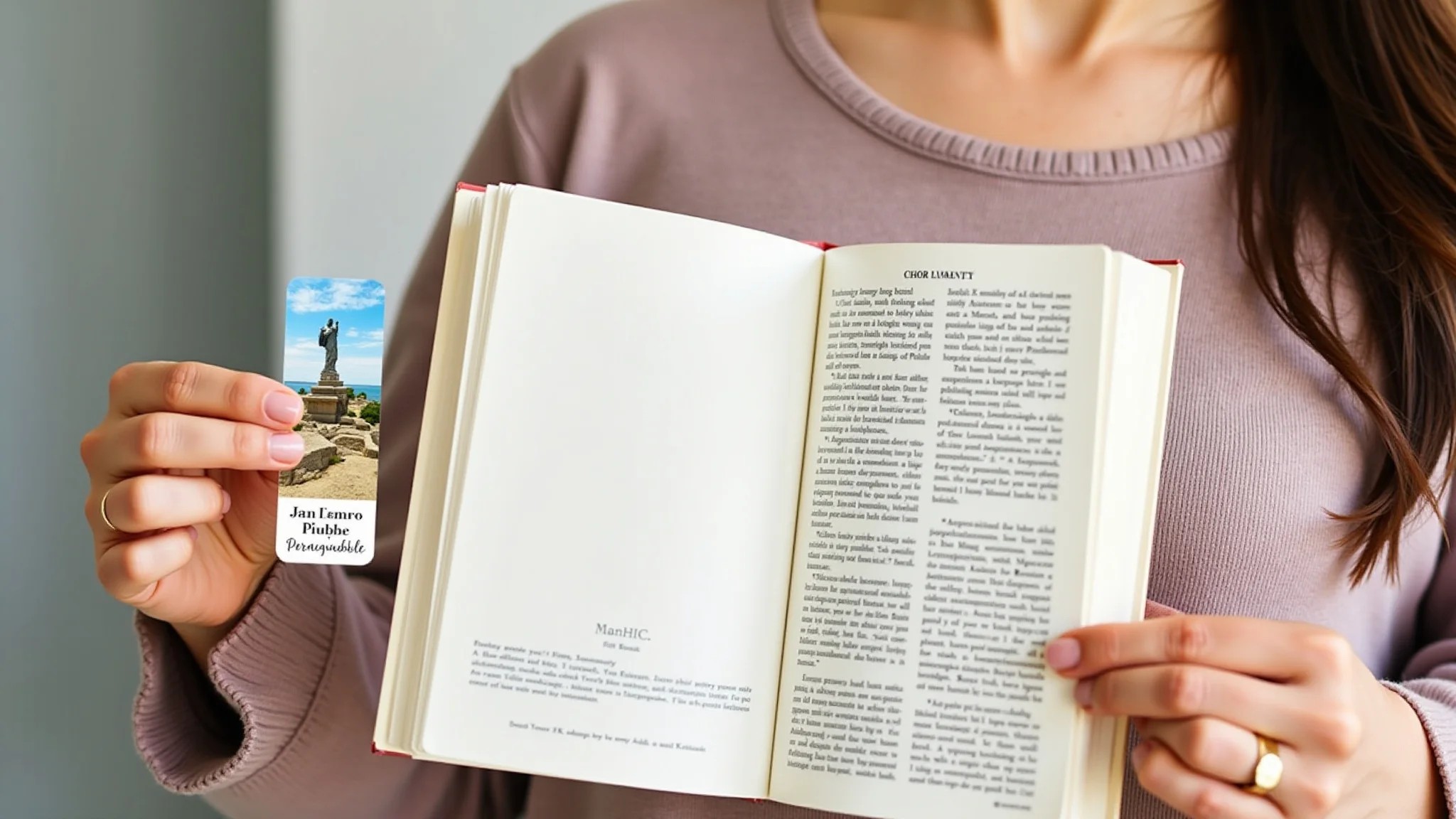 Mulher segurando livro com marca página magnético personalizado com foto de viagem.