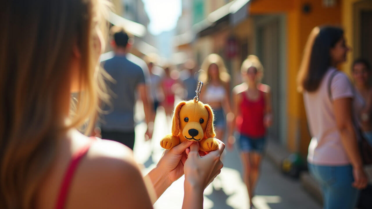Mulher segurando chaveiro de feltro de Golden Retriever.