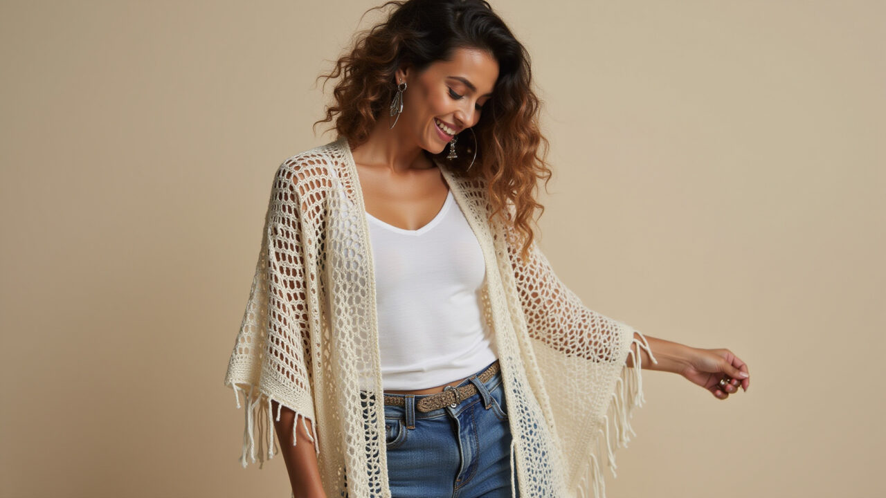 Quimono de crochê com franjas boho, estilo brasileiro.