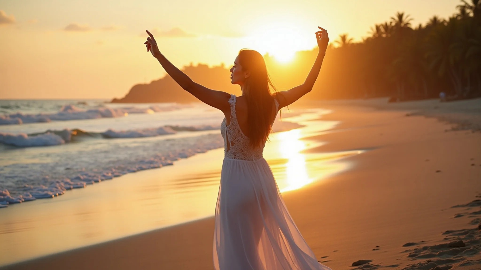 Mulher vestida de branco na praia brasileira ao pôr do sol, celebrando o Réveillon.