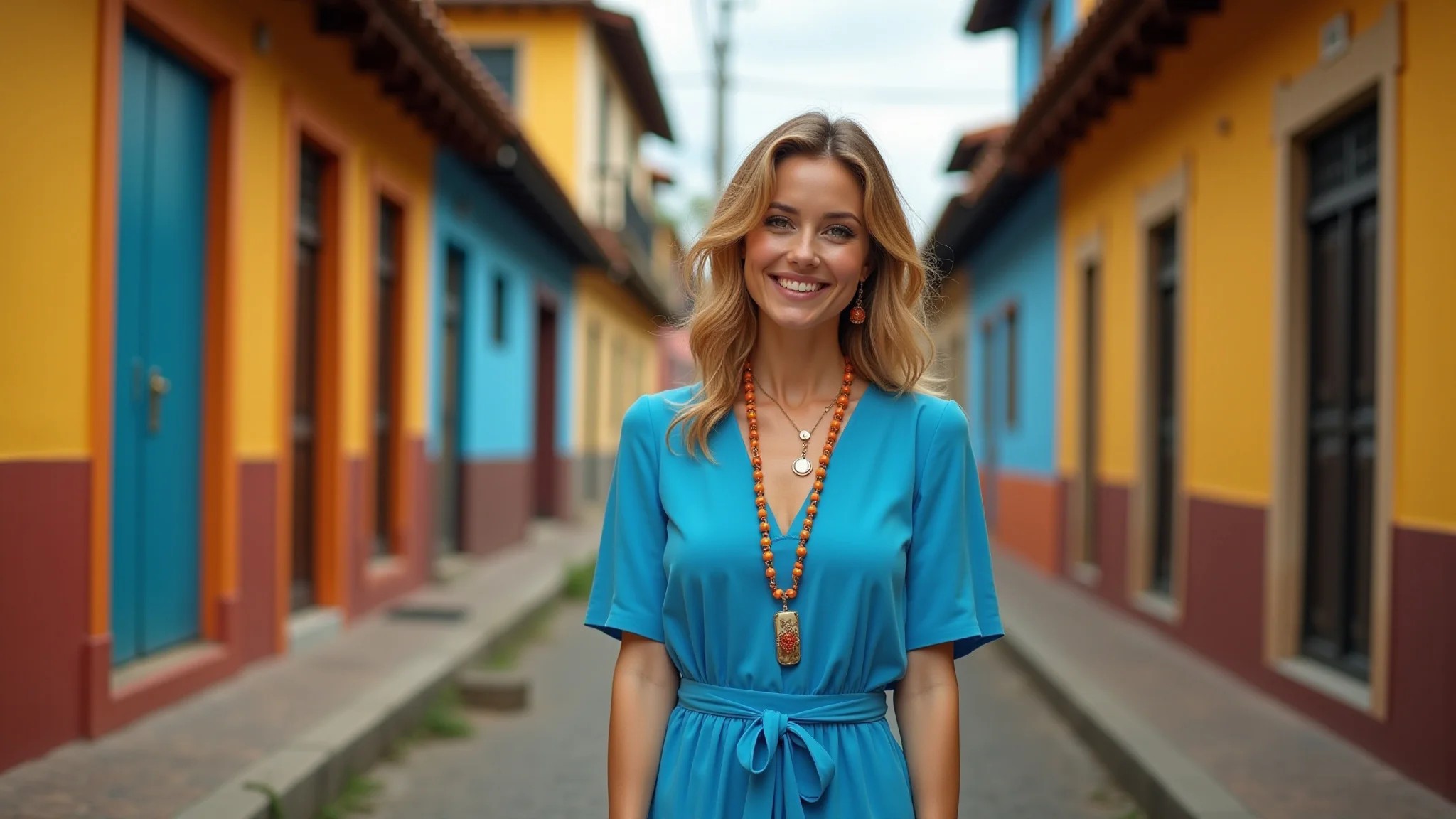 Mulher estilosa com vestido azul e acessórios laranja em rua vibrante no Brasil.