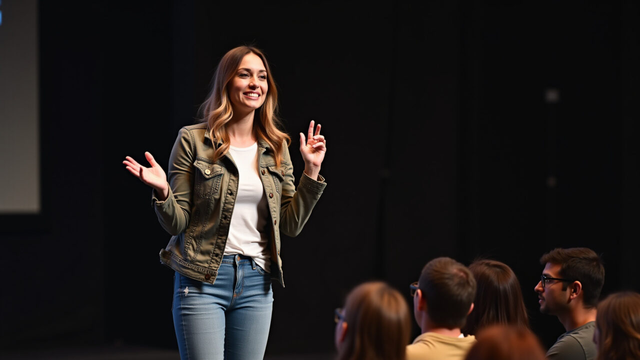 Mulher de jeans e jaqueta estilosa em show de stand-up comedy.