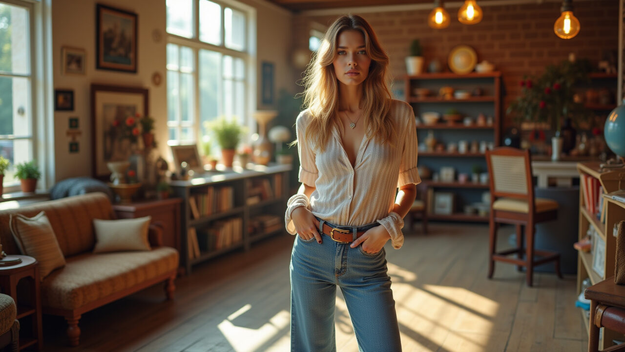 Mulher com calça jeans flare posando em loja vintage ensolarada.