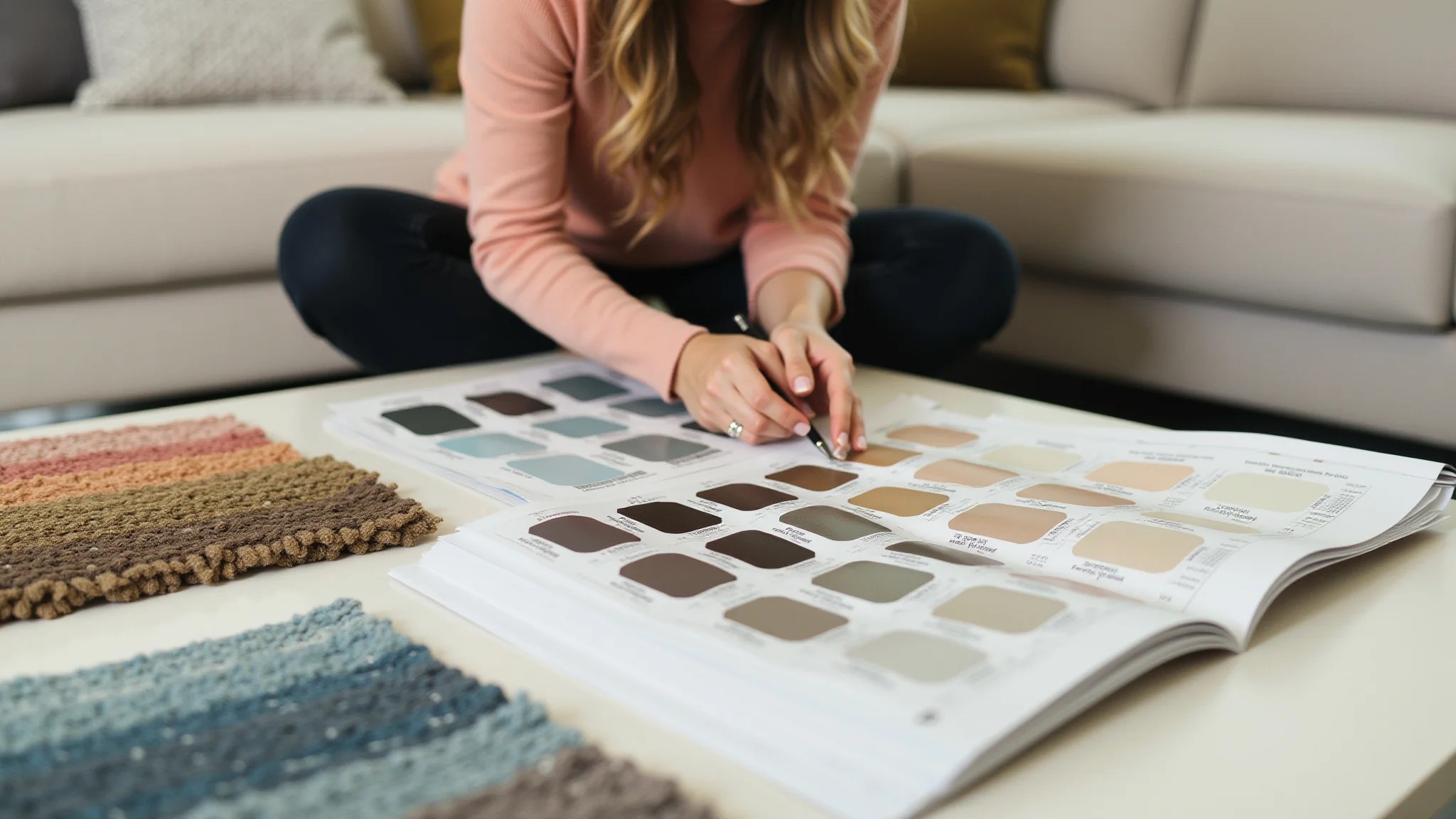 Mulher planejando a decoração da sala com amostras de tecido e paletas de cores.