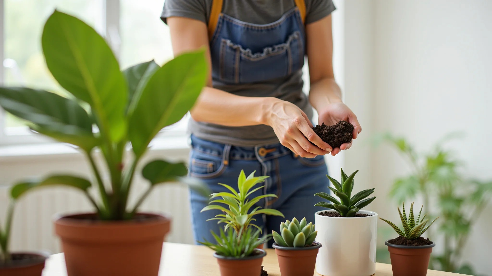 Mulher verificando a umidade do solo de uma planta em vaso. Dica para saber quando regar.