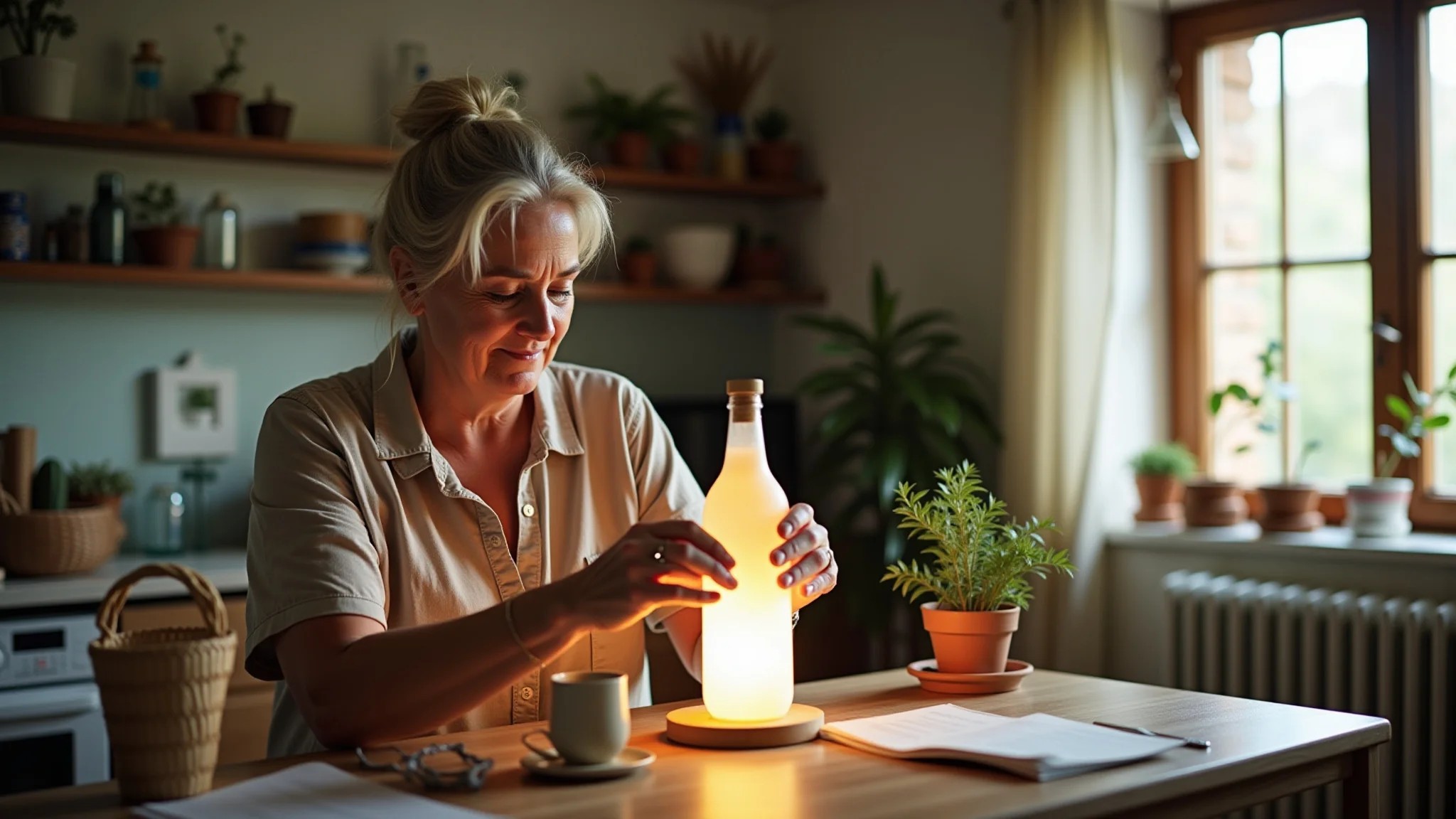 Mulher criando luminária charmosa com garrafa de vidro em casa.