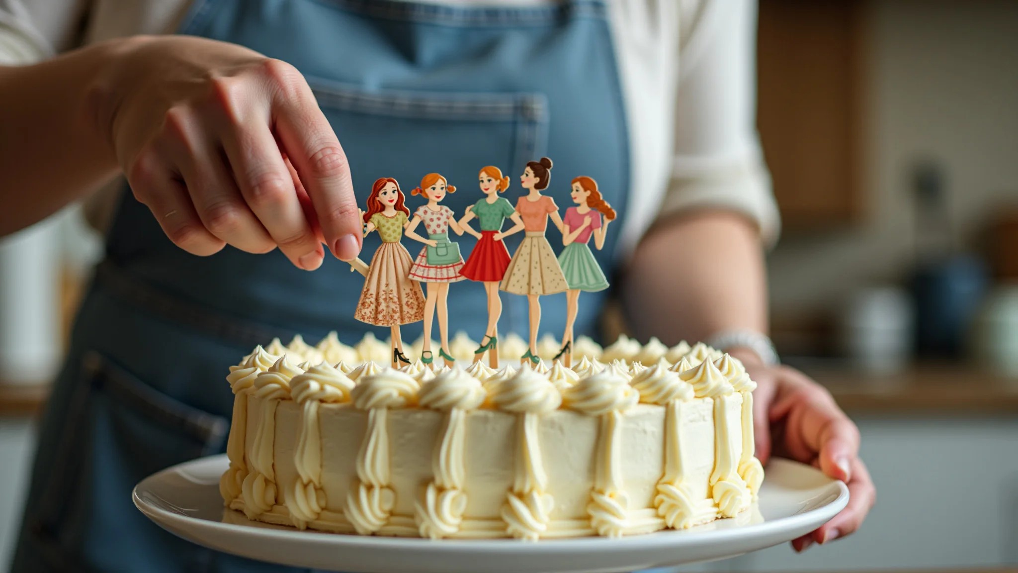 Mulher decorando um bolo vintage com cobertura de buttercream e toppers.
