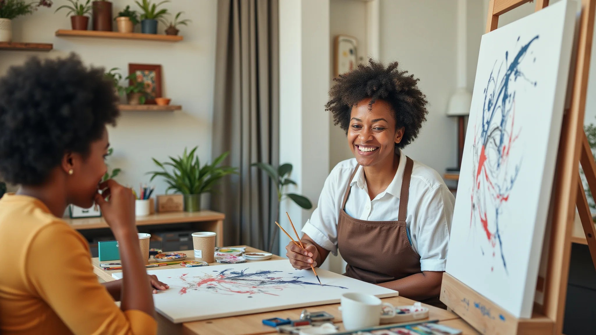 Mulher de 40 anos, parda, sorrindo enquanto pinta quadro abstrato em tela.