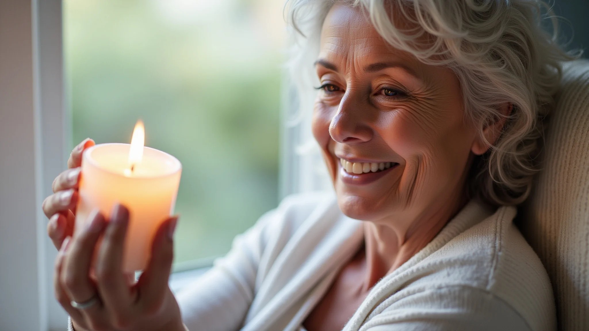 Mulher relaxando em casa com vela de lavanda, aliviando o estresse.