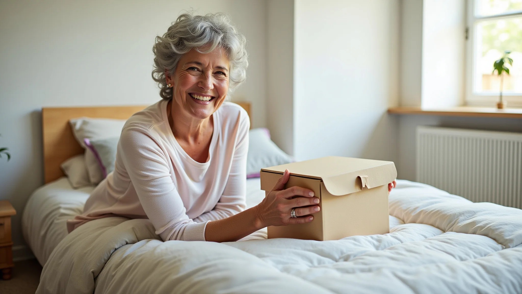 Mulher na faixa dos 40, mestiça, escolhendo entre uma cama box com baú e uma cama tradicional.