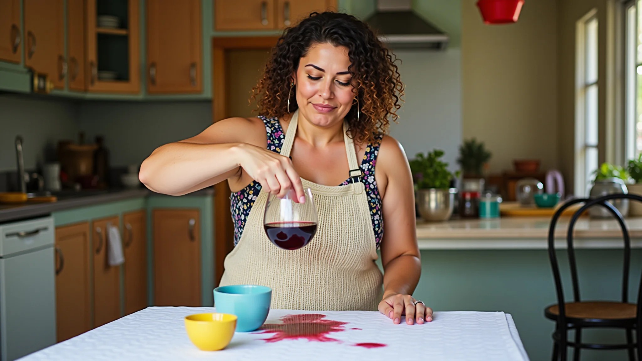 Mulher colocando sal em mancha de vinho em toalha branca, cozinha brasileira vibrante.