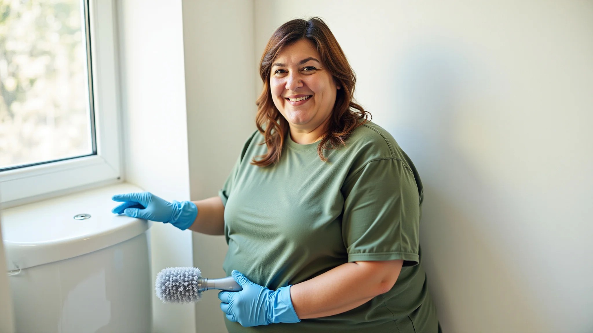 Mulher usando desentupidor manual para desentupir o vaso sanitário.