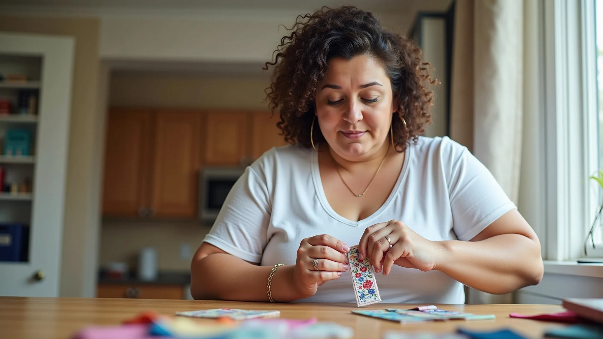 Mulher costurando um marcador de página personalizado com tecidos coloridos.
