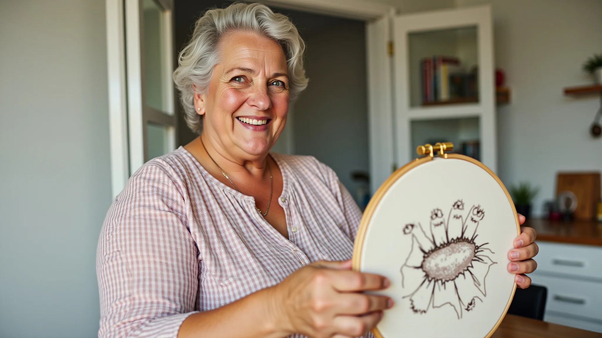 Mulher bordando com a técnica 'Ponto Haste' em um bastidor, com iluminação natural e expressão alegre.
