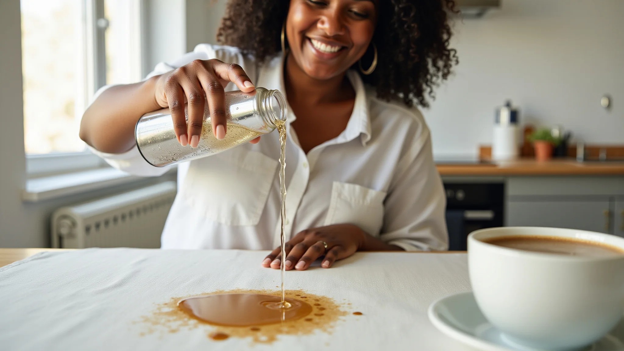 Mulher removendo mancha de café com água com gás em toalha de mesa.