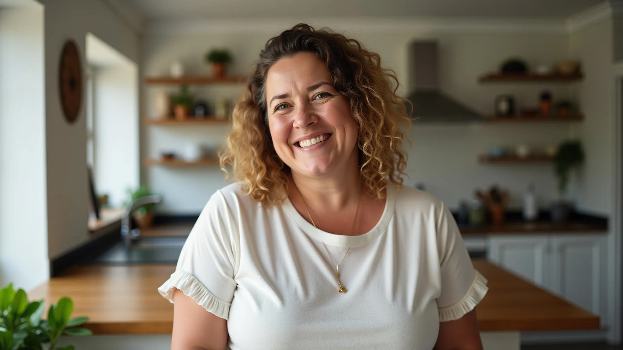 Mulher sorrindo em sua cozinha recém-reformada, com decoração brasileira e iluminação natural.