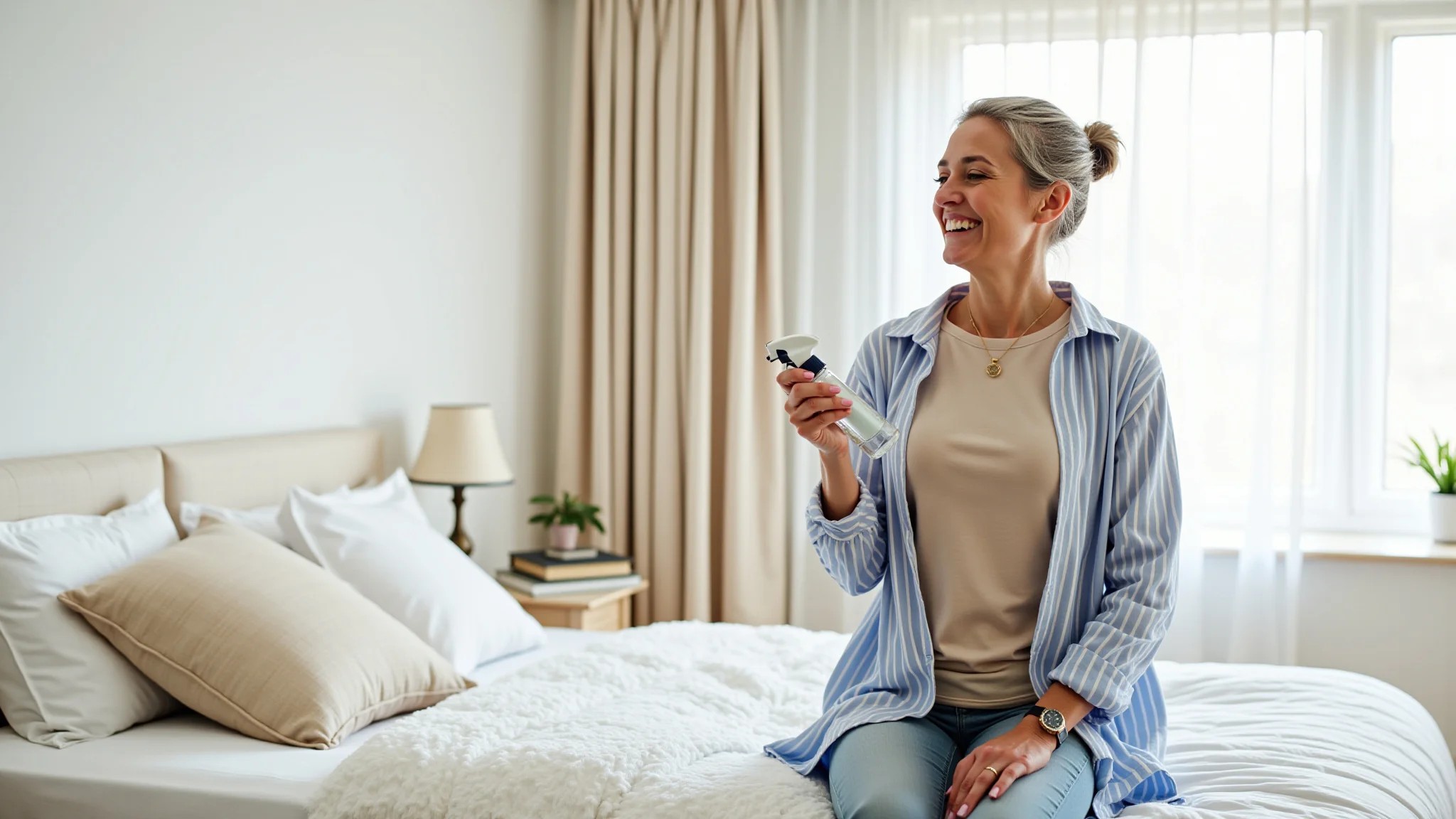 Mulher borrifando solução caseira em roupa de cama para eliminar odores.