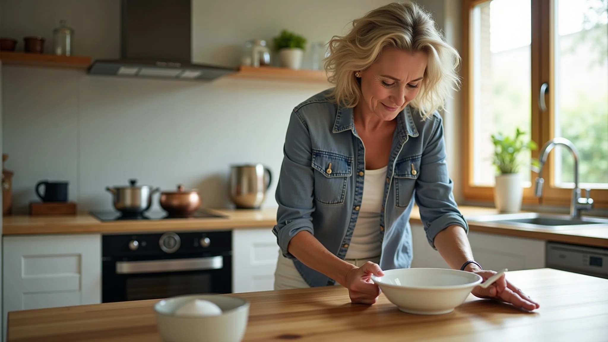 Mulher de 50 anos usando eficientemente o triângulo de trabalho otimizado na cozinha.