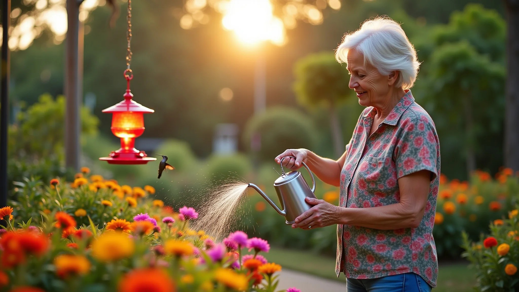 Mulher de 50 anos regando flores coloridas em um jardim brasileiro vibrante, com beija-flor.