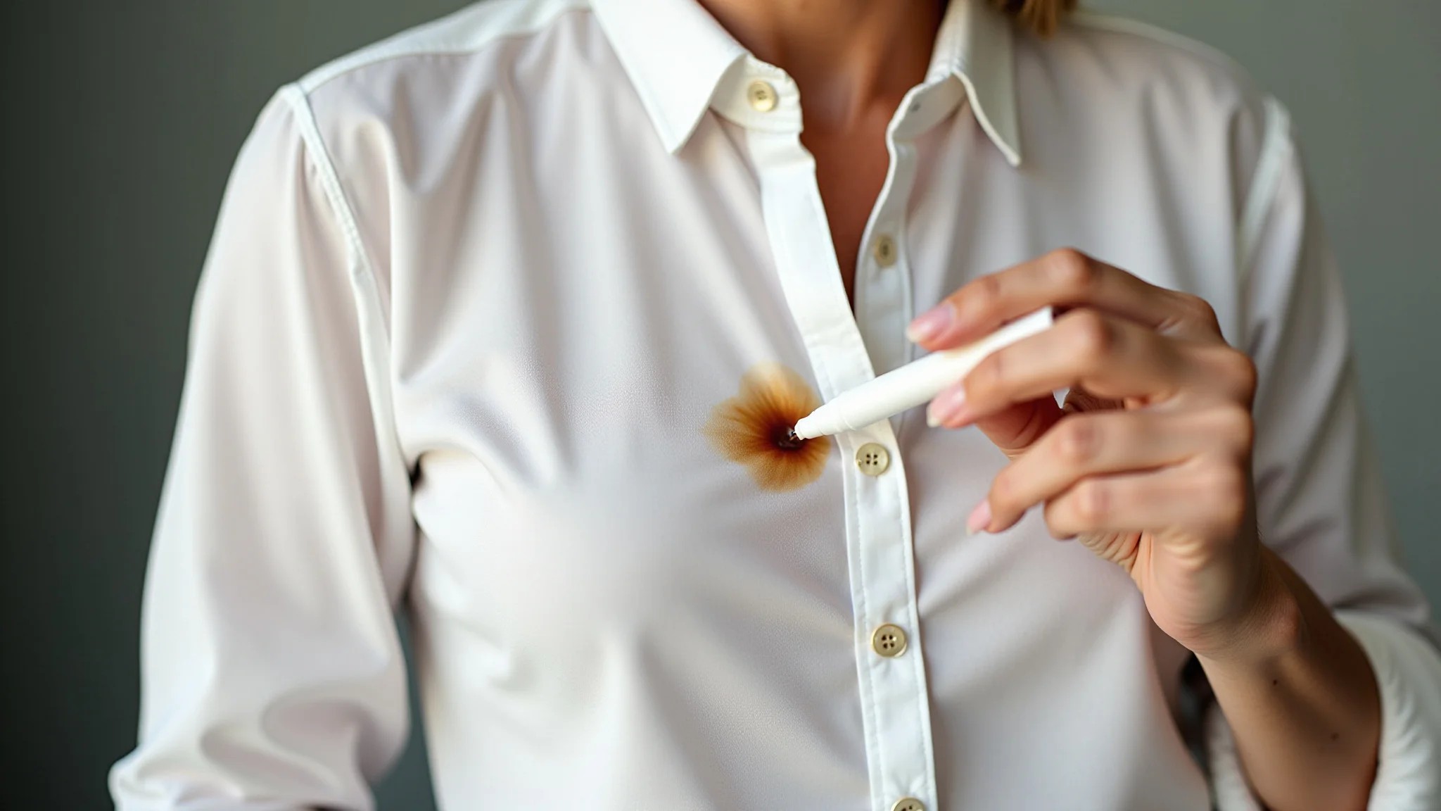 Mulher usando caneta removedora de manchas em blusa com mancha de café.