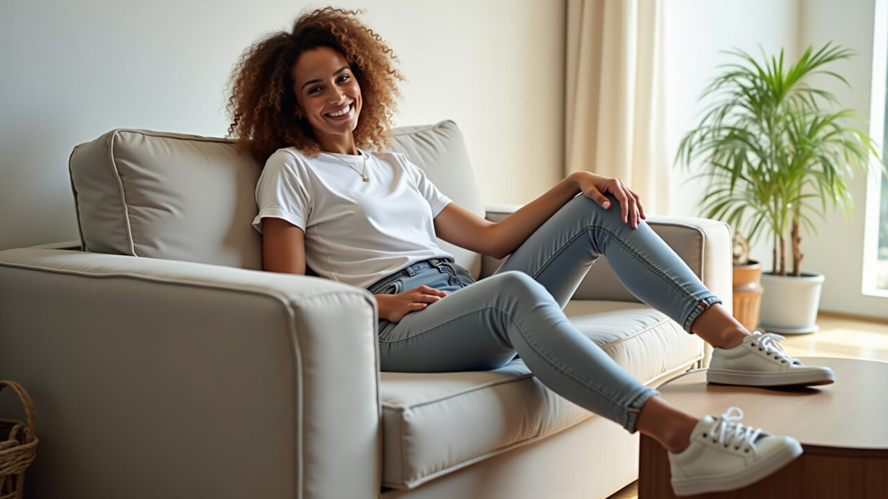 Mulher com calça jeans jogger relaxando em casa.