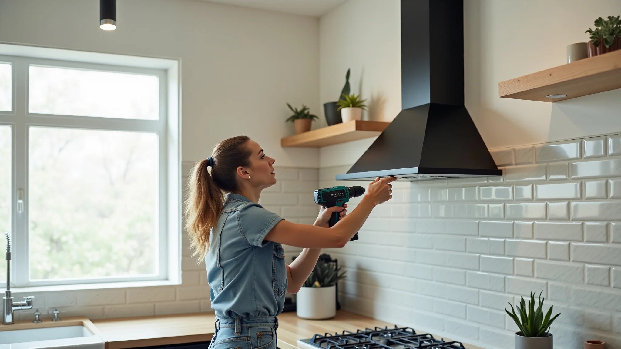 Mulher instalando coifa de parede na cozinha com furadeira.