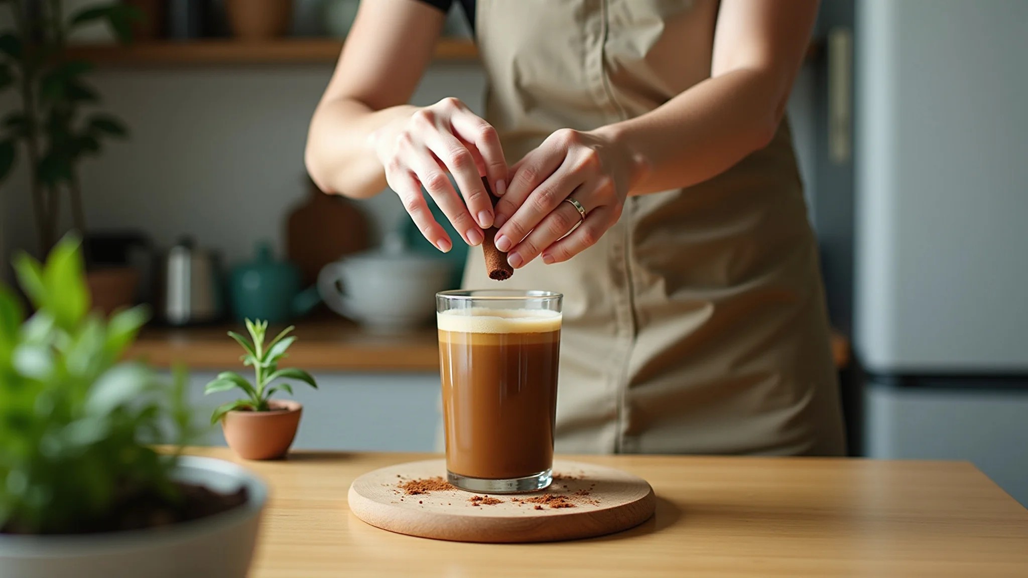 Mulher misturando borra de café e canela para proteger suas plantas.