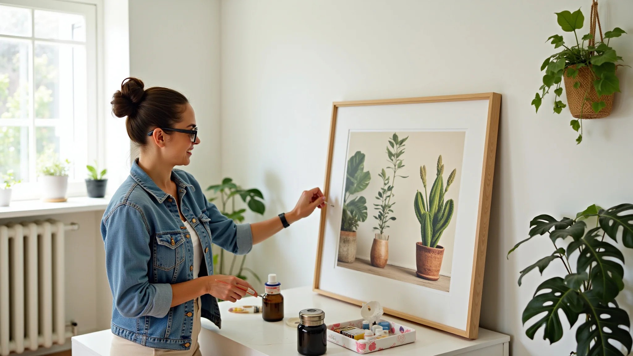 Mulher pintando moldura para quadro na sala, decoração DIY e iluminação natural.