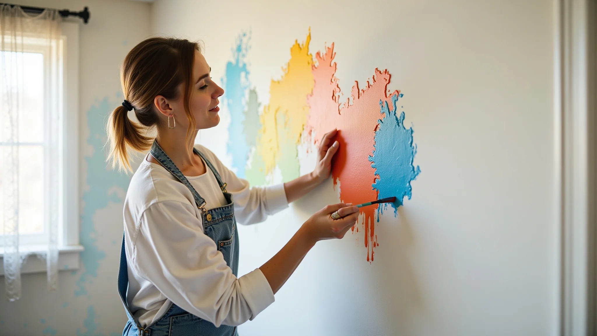 Mulher pintando decoração de parede de gesso com cores vibrantes, projeto DIY.