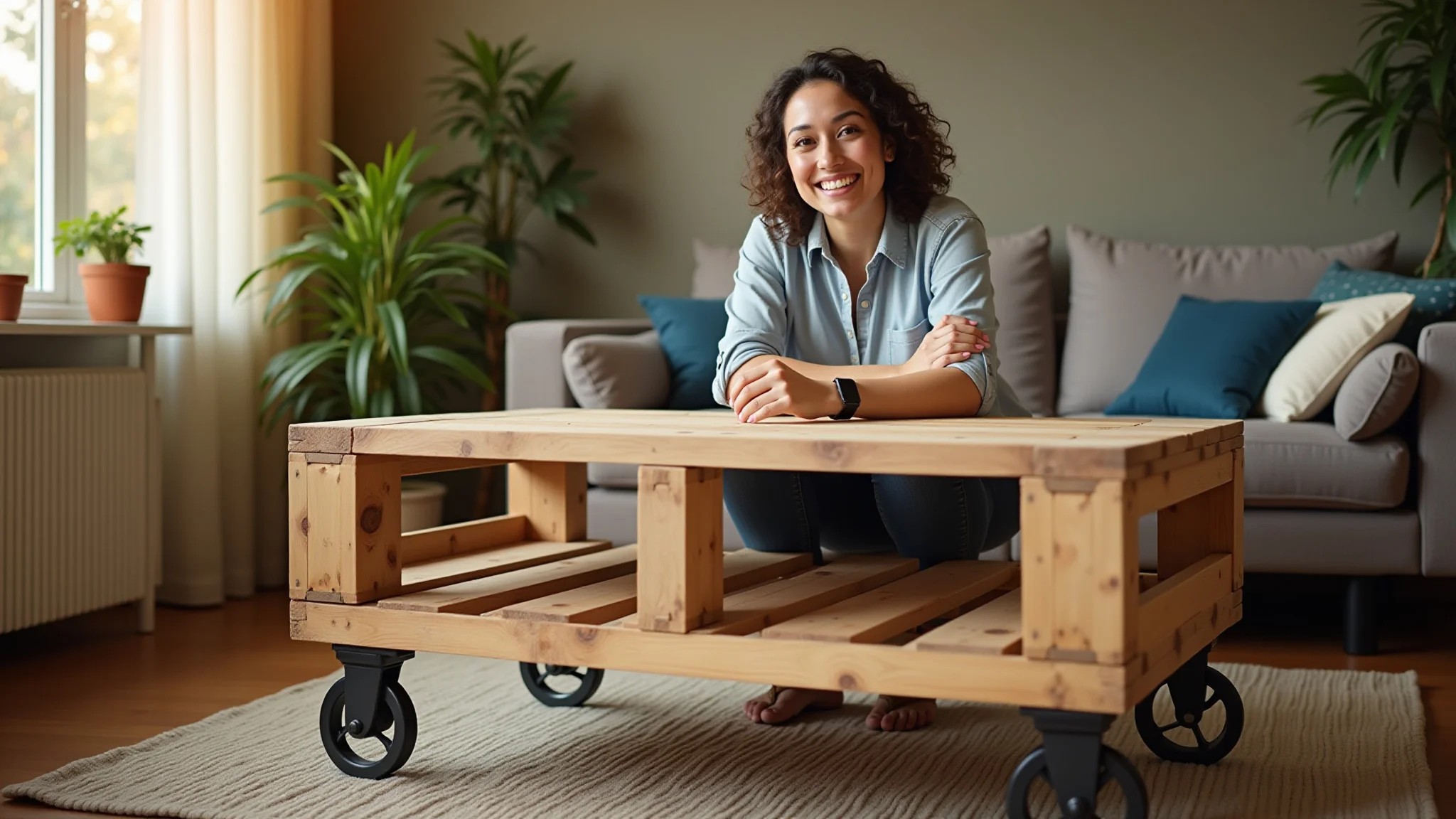 Mulher orgulhosa mostrando sua mesa de centro DIY feita com paletes de madeira reciclada.