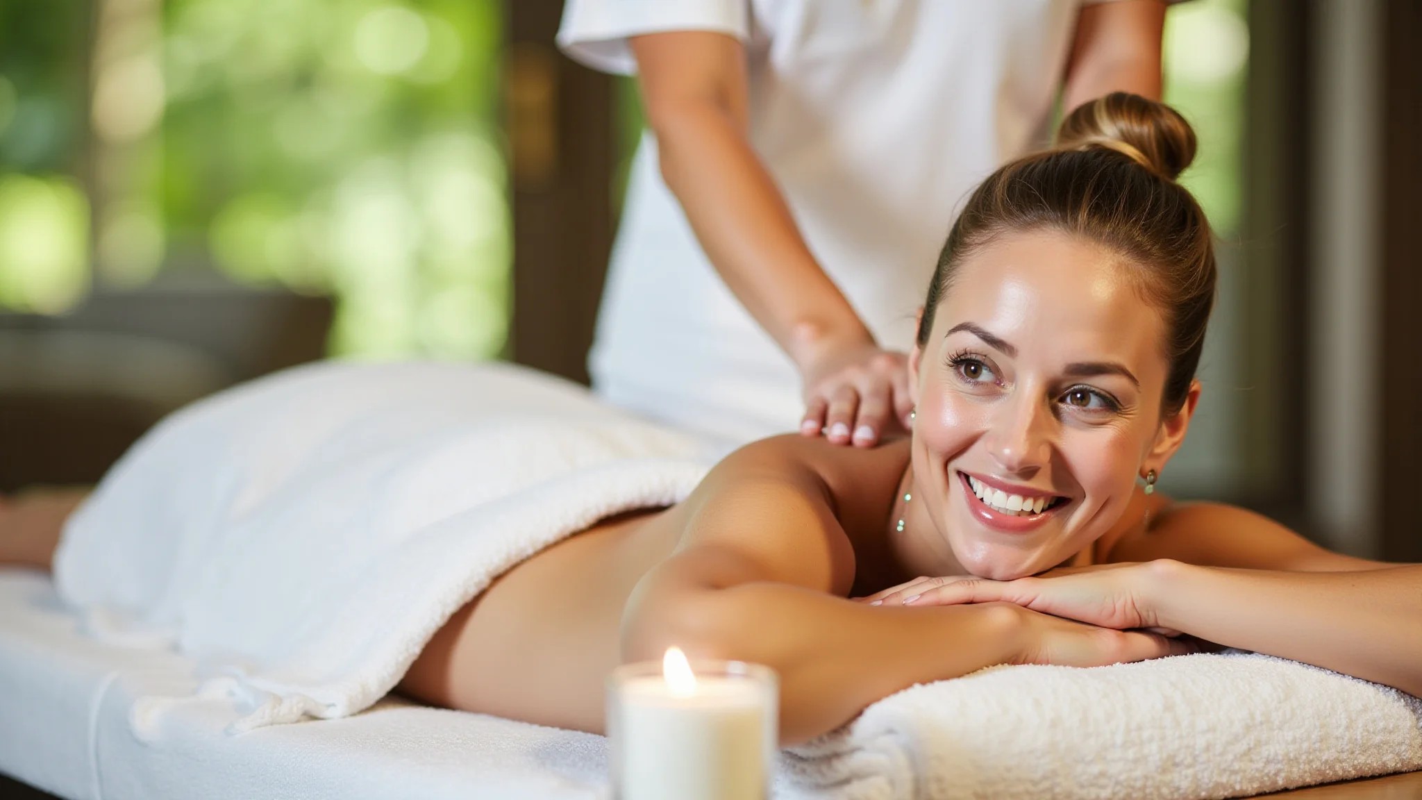 Mulher recebendo massagem relaxante em spa de resort all inclusive no Nordeste.