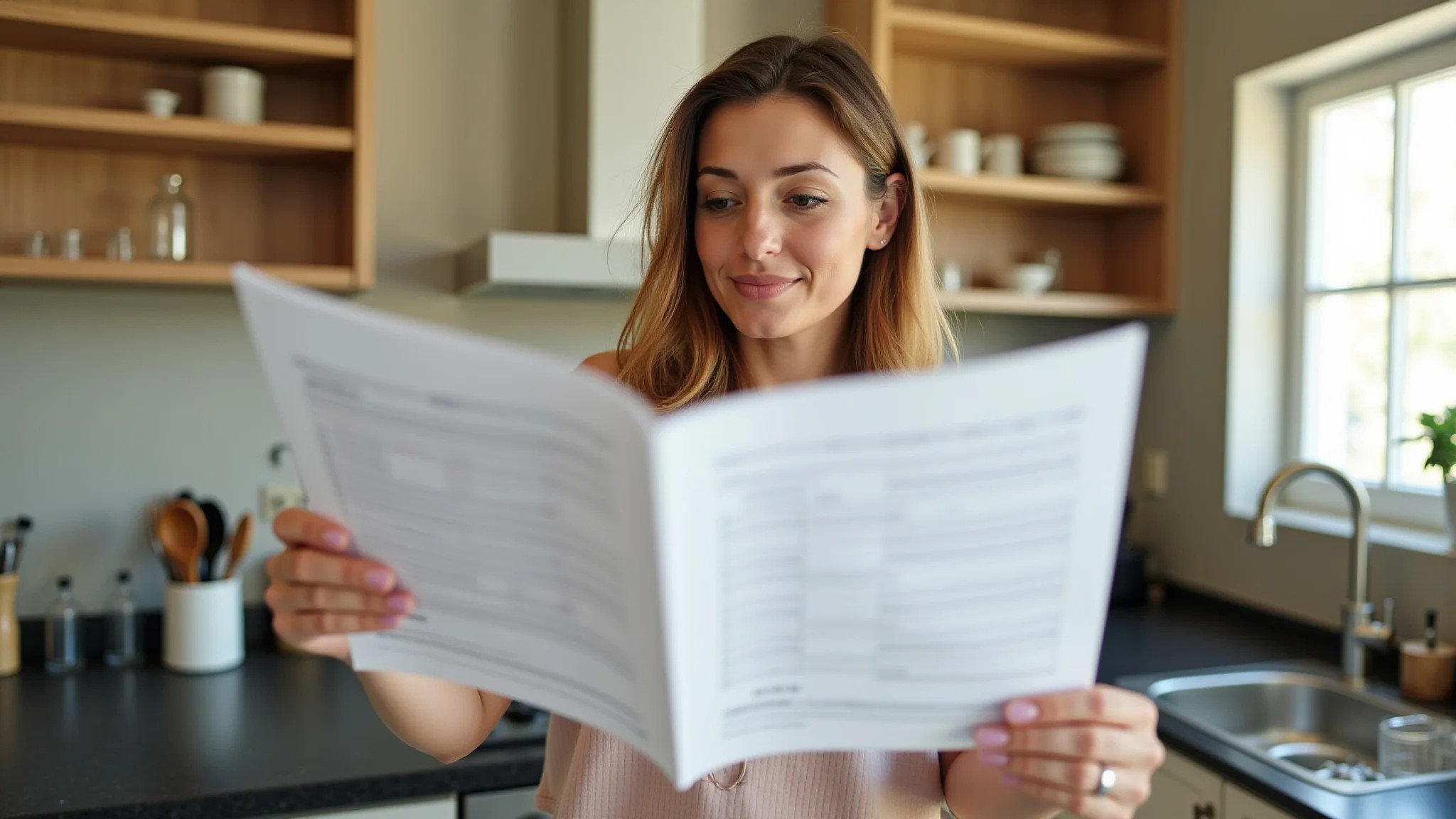 Mulher revisando checklist de construção de cozinha durante a vistoria.