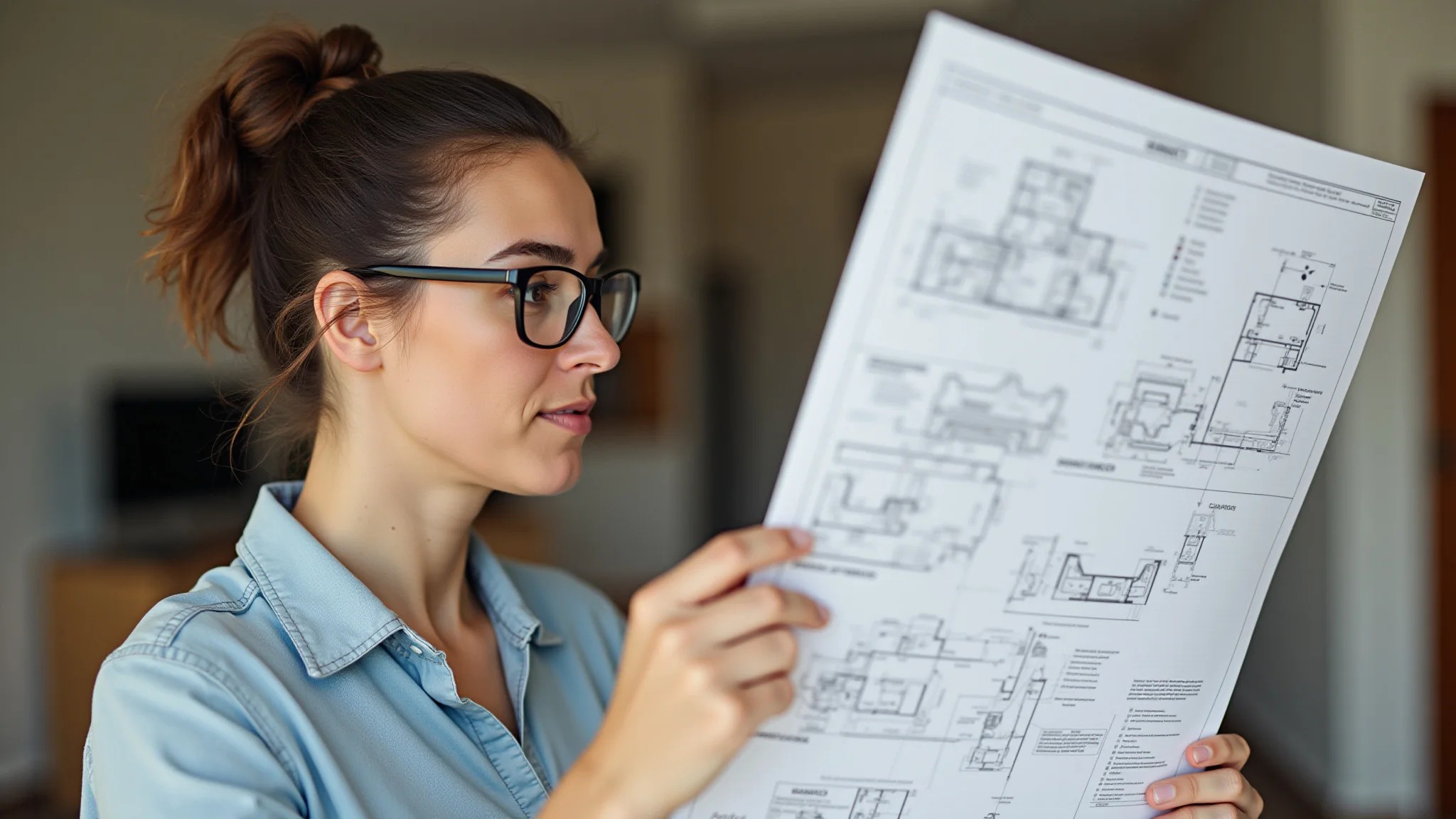Mulher revisando planta de projeto elétrico em escritório residencial.