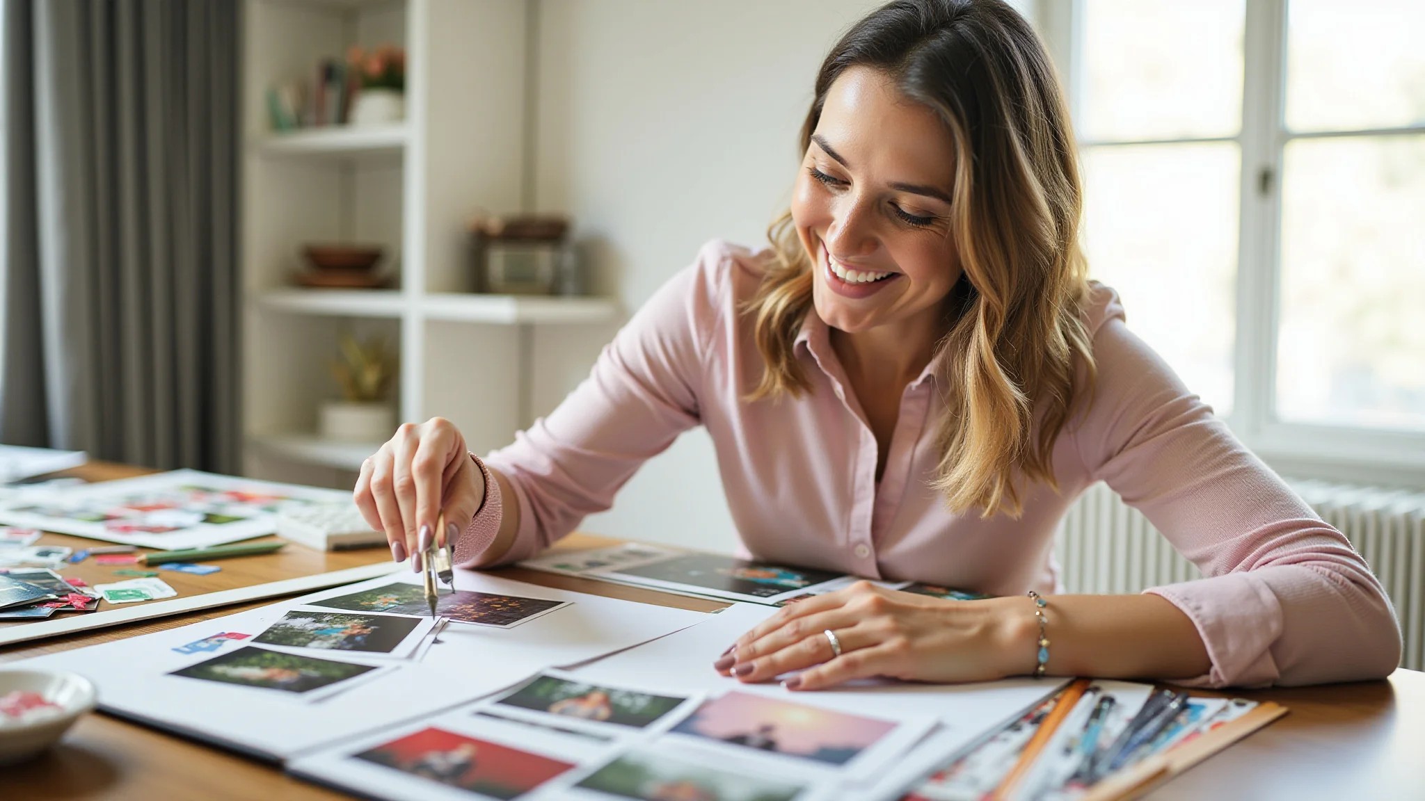 Mulher sorrindo enquanto faz scrapbooking, cercada de fotos e materiais.