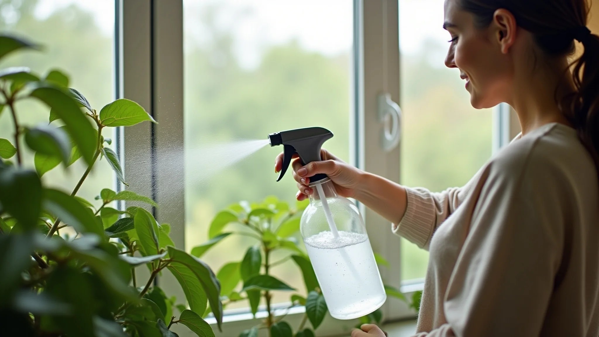 Mulher aplicando solução de água e sabão em planta infestada por pulgões.