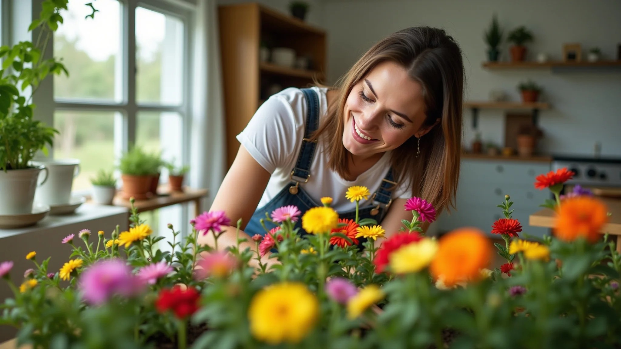 Mulher cuidando de seu jardim florido com crisântemos, amor-perfeito e calêndulas.