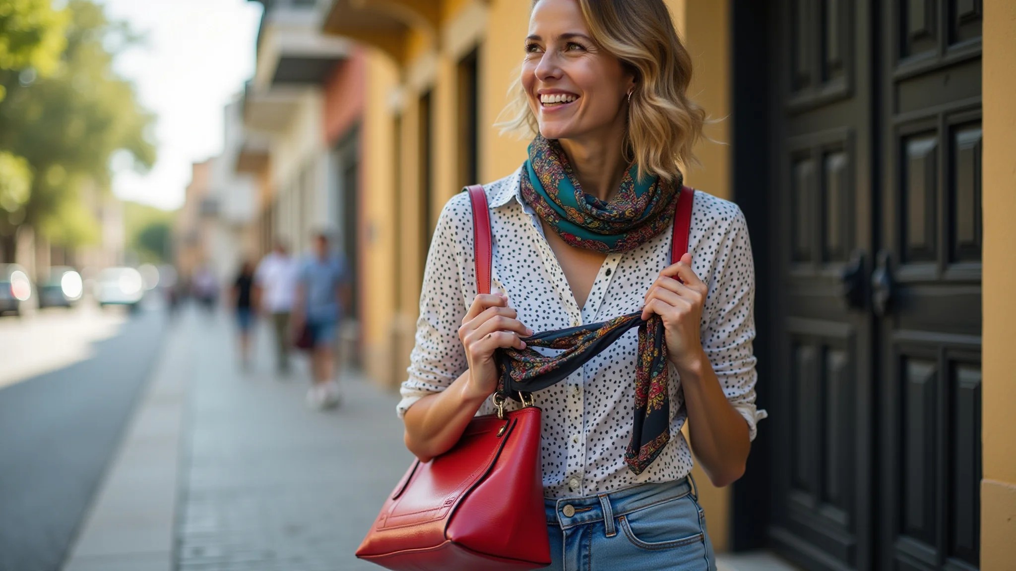 Mulher estilosa amarra lenço estampado em sua bolsa, adicionando um toque de cor e personalidade.