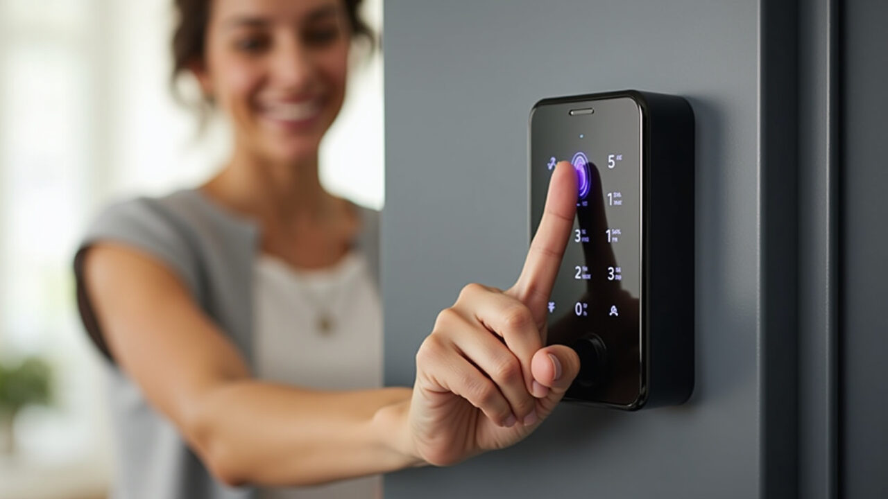 Mulher destrancando porta com fechadura digital biométrica.