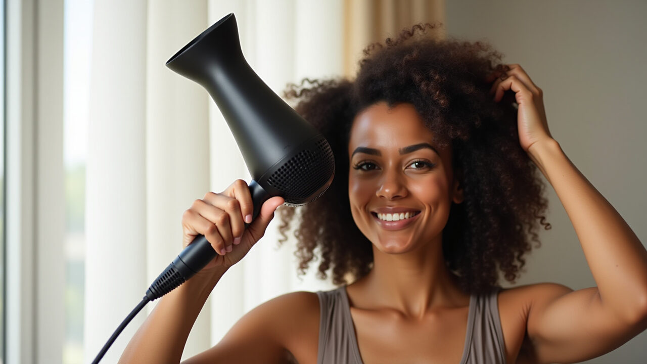 Mulher usando secador com difusor para criar volume no cabelo.