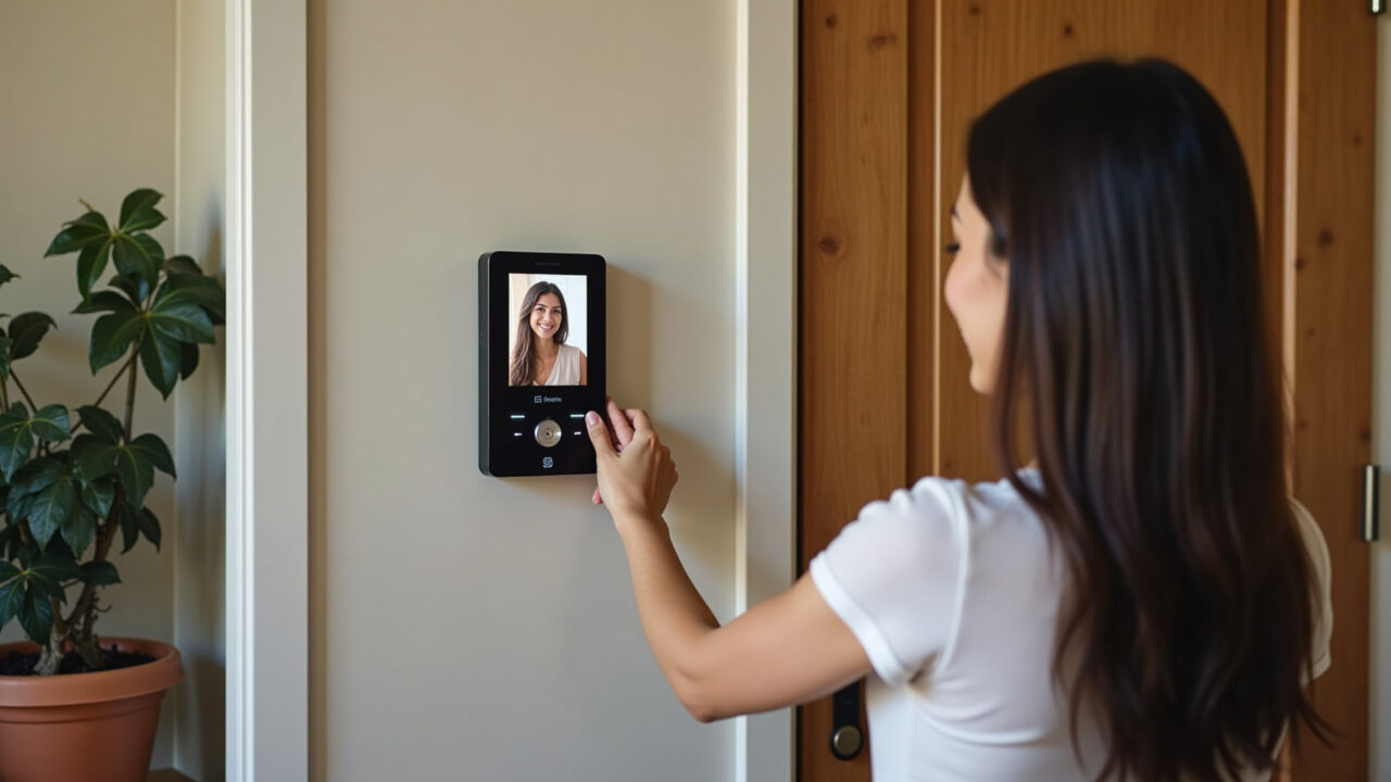 Mulher usando vídeo porteiro para ver visitante em casa.