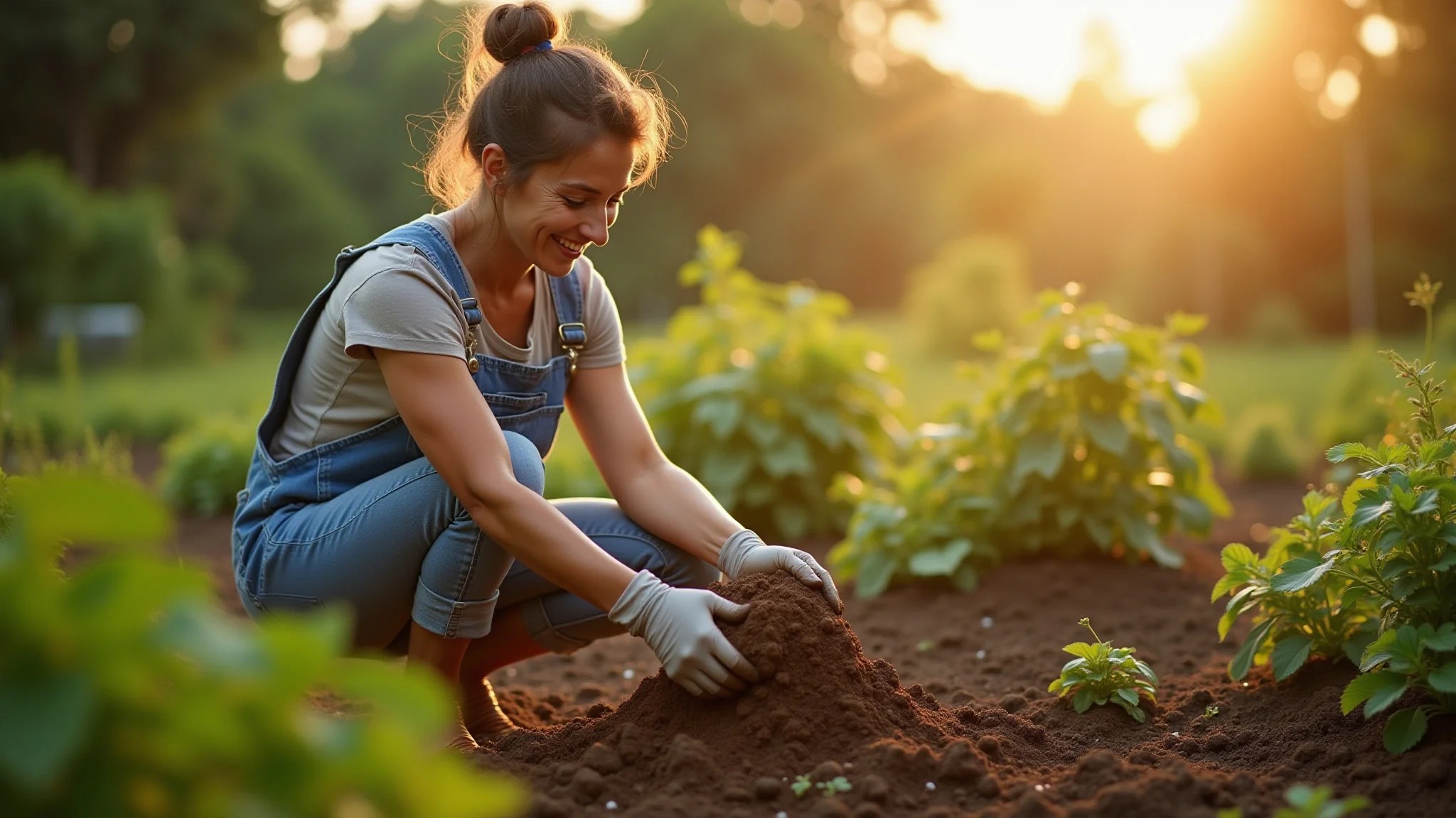 Mulher usando composto para fertilizar plantas em seu jardim.