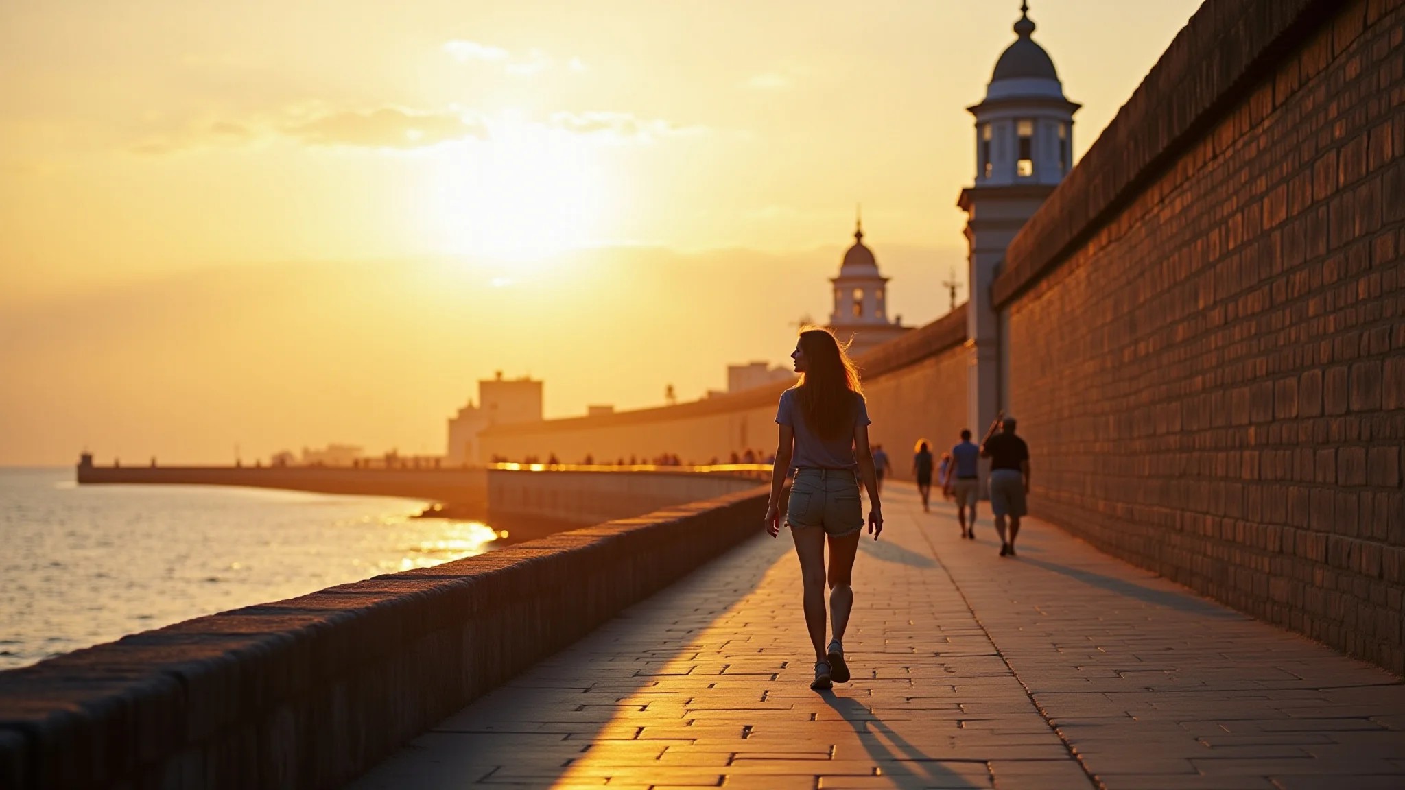 Mulher caminhando pelas muralhas de Cartagena ao pôr do sol, vista para o mar.