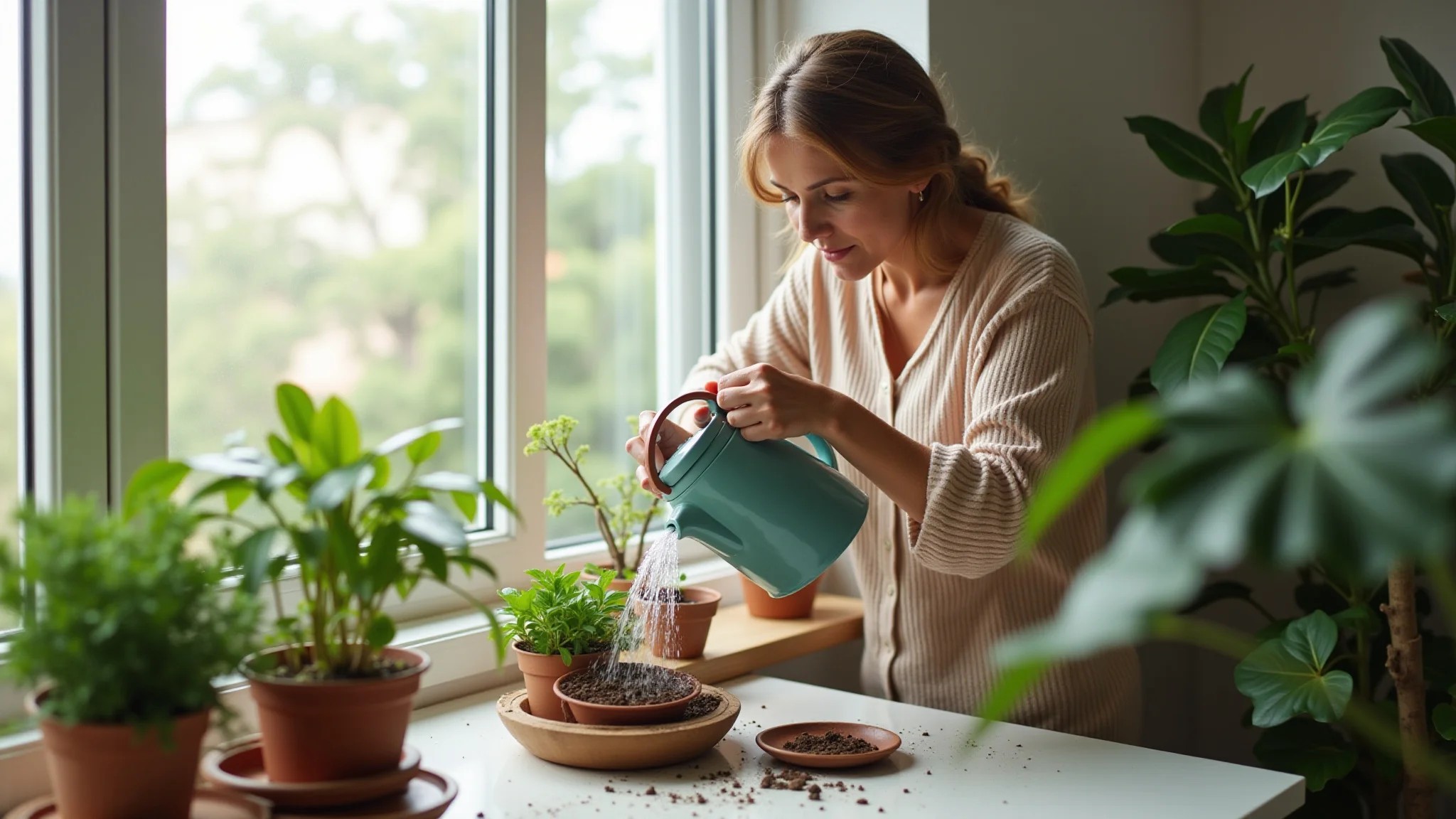 Mulher regando plantas com drenagem adequada em apartamento brasileiro.