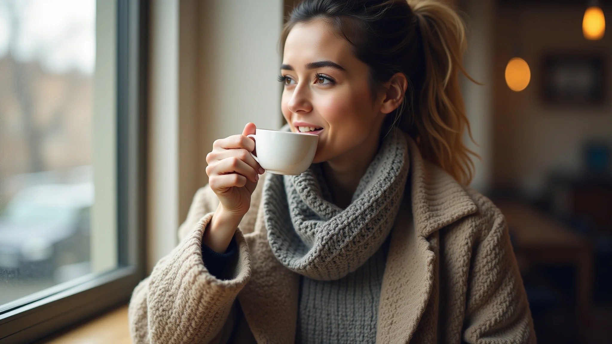 Mulher com casaco de tricô gola alta, sentada perto da janela tomando café.