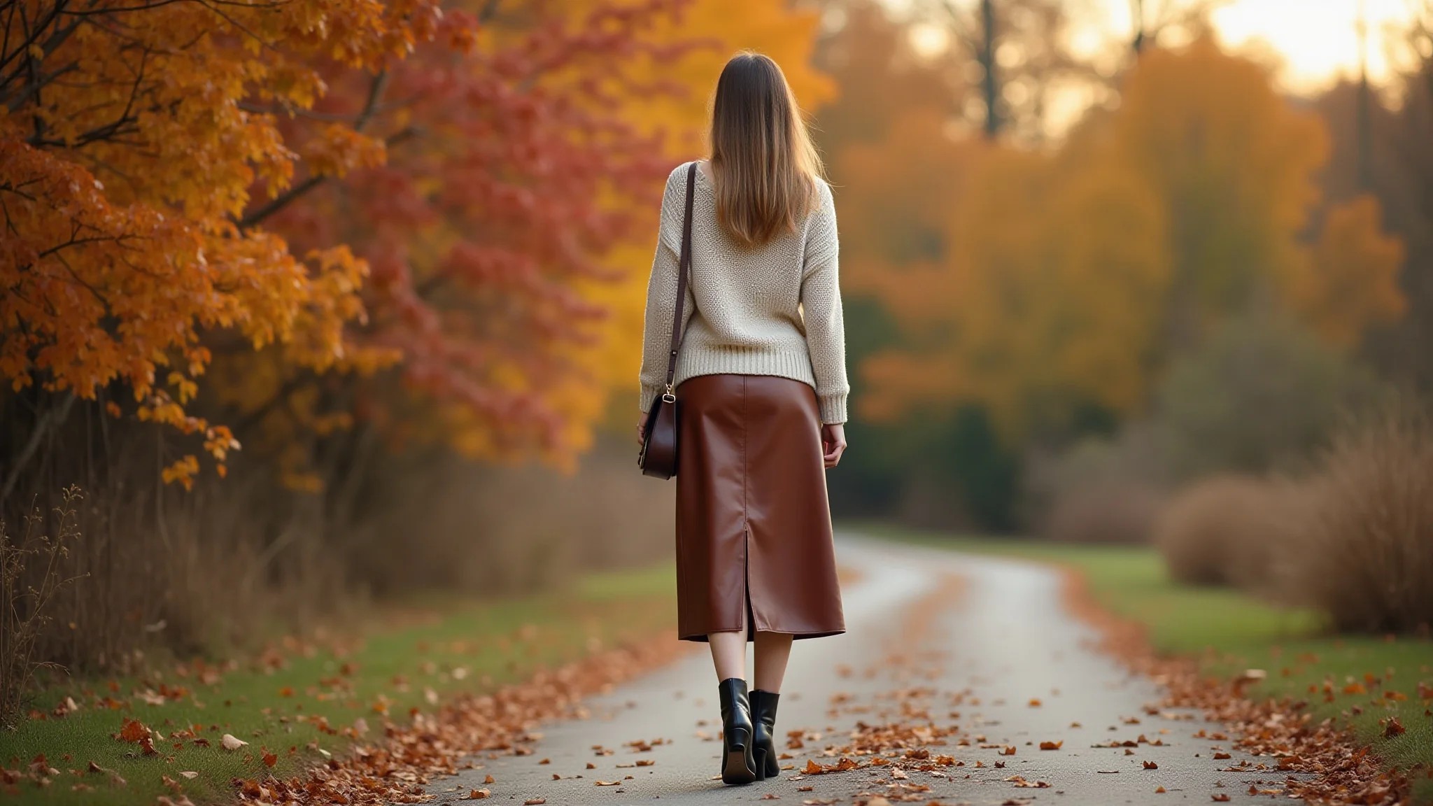 Mulher com saia midi de couro, suéter e botas em cenário outonal.