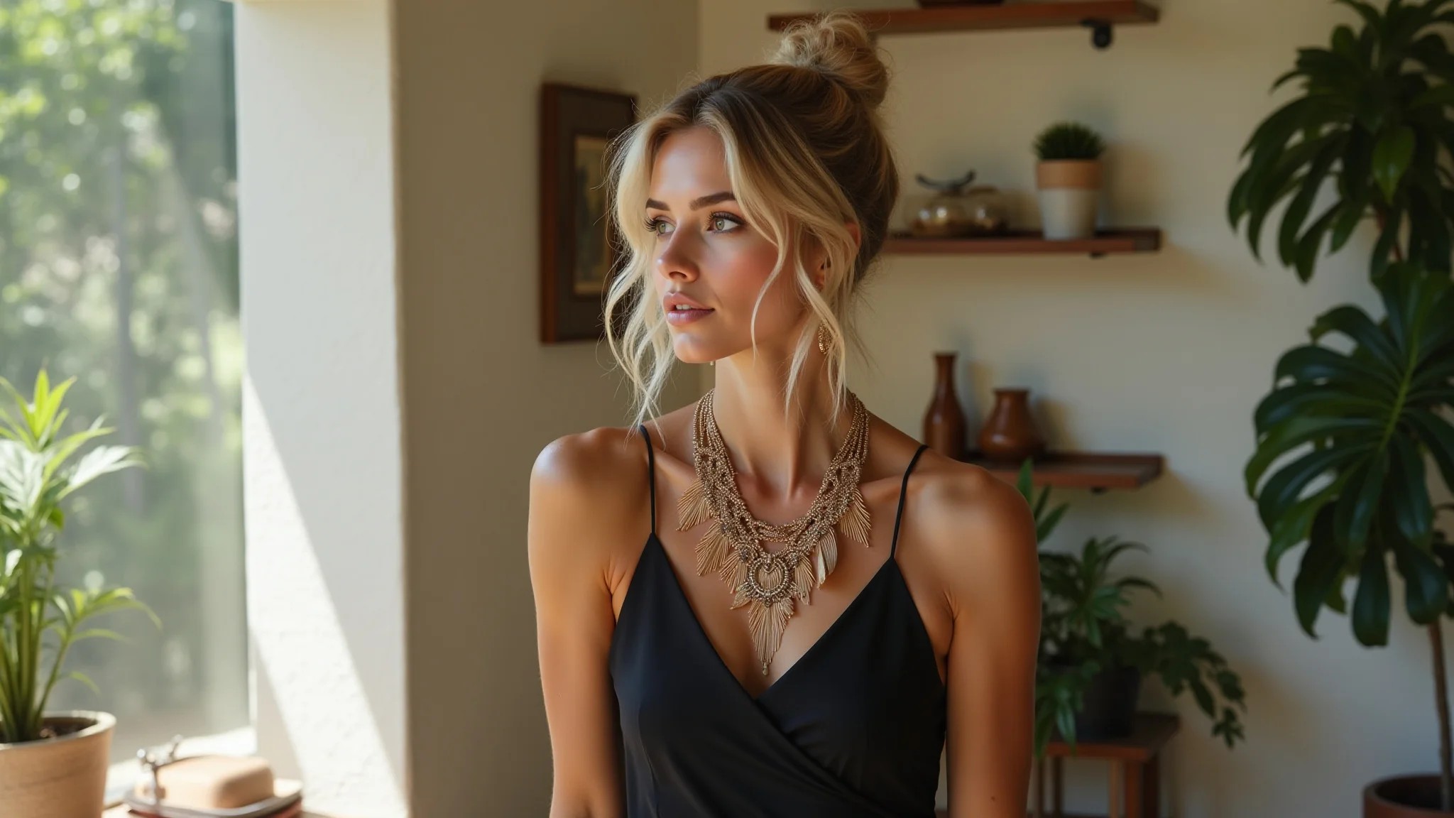 Mulher usando vestido preto básico com acessórios marcantes em ambiente brasileiro.