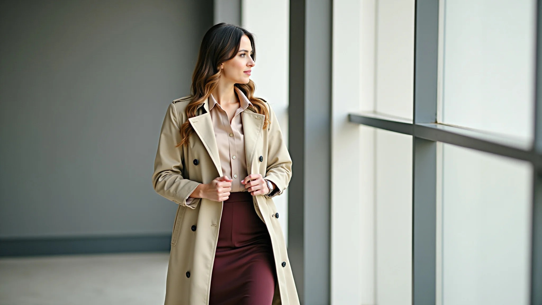 Mulher usando trench coat com saia lápis e blusa em ambiente de escritório.