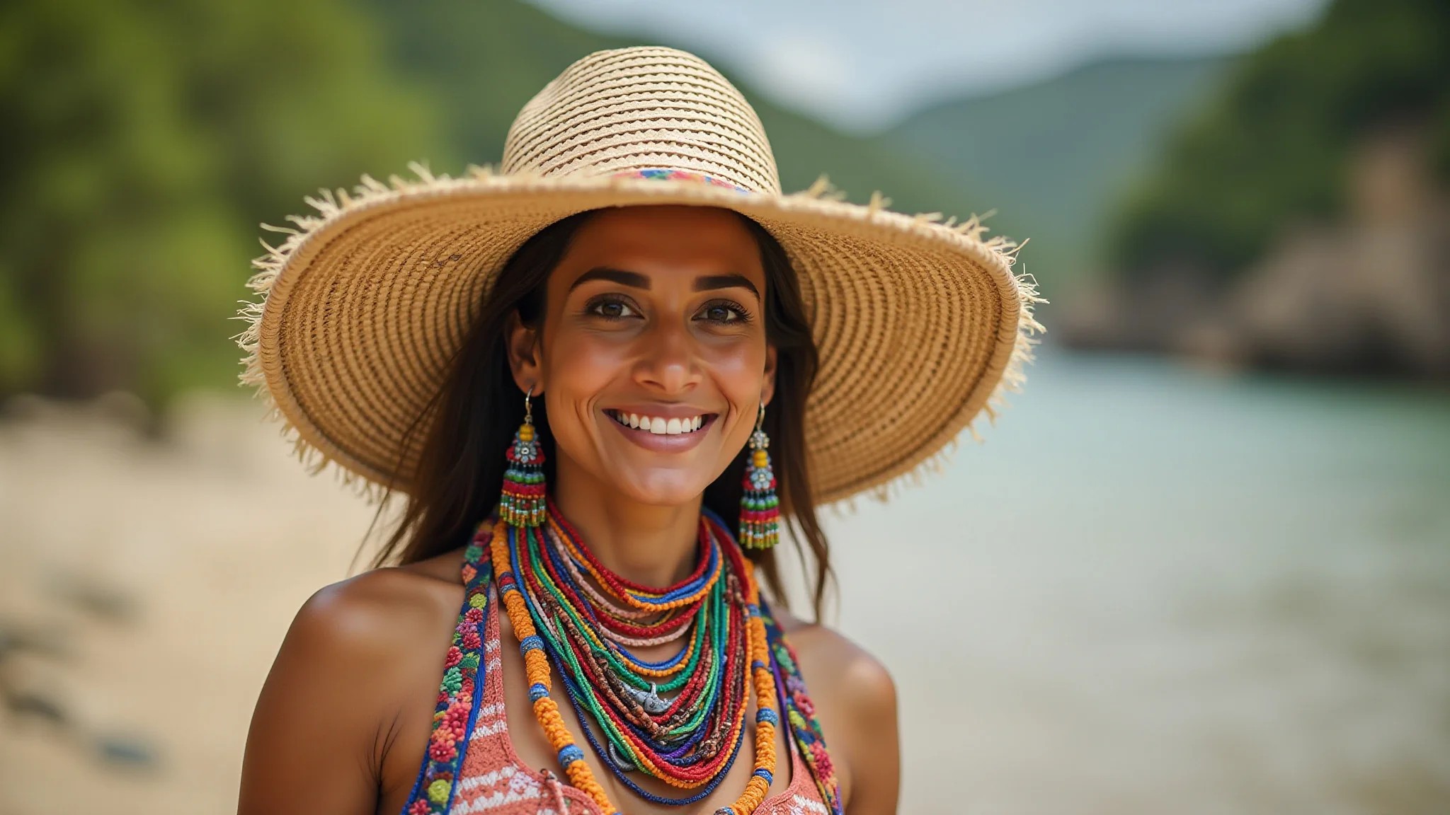 Mulher usando acessórios coloridos brasileiros expressando sua identidade.